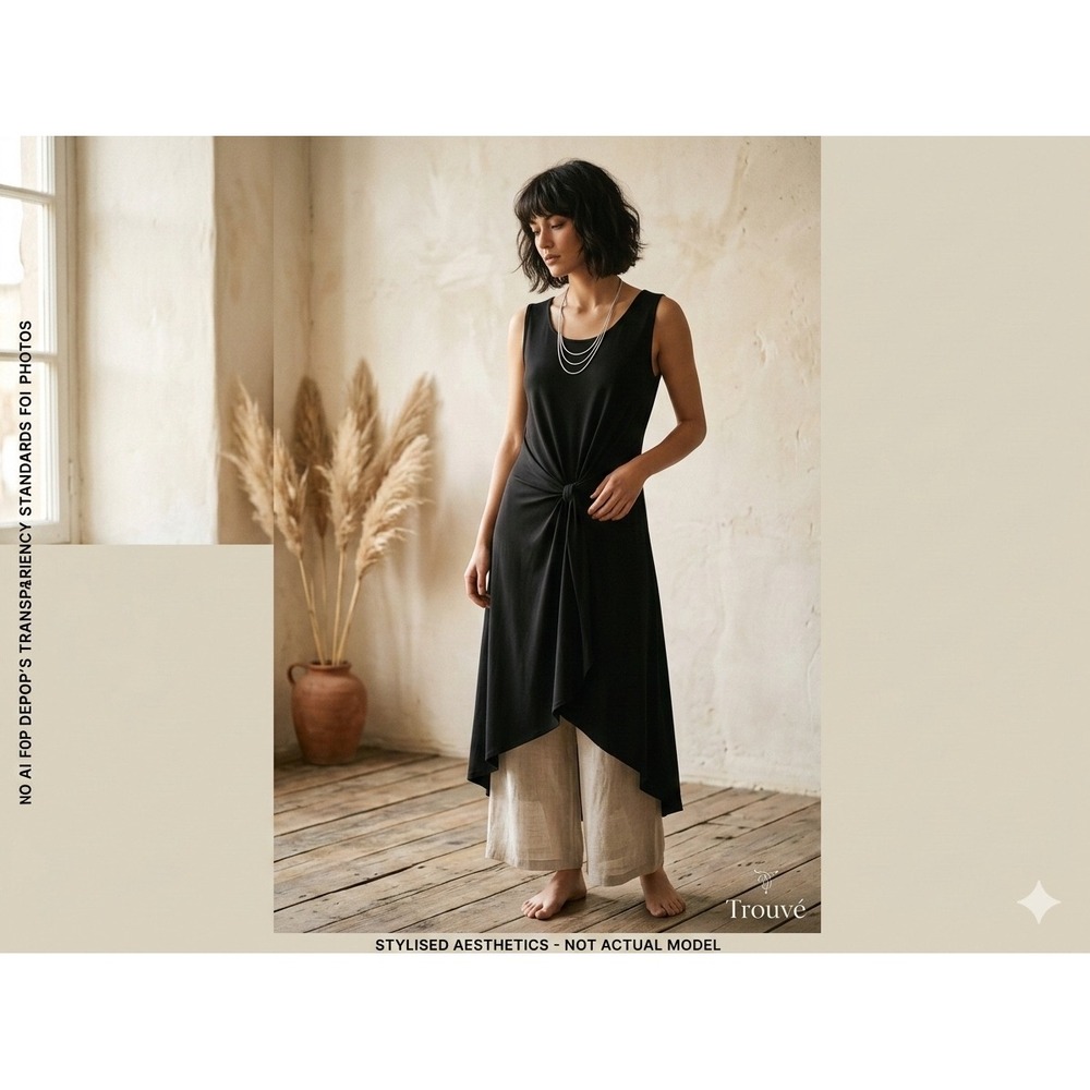 Trouve Womens Tunic XXL Black Lagenlook Knot Front Asymmetrical Sleeveless‎ Top